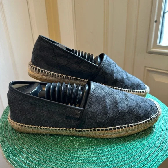 Gucci Men’s GG Canvas Leather Espadrilles Navy Made in Spain Excellent Condition